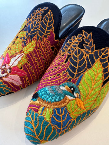 Kingfisher in Orchid Grove -  Embroidered Mules