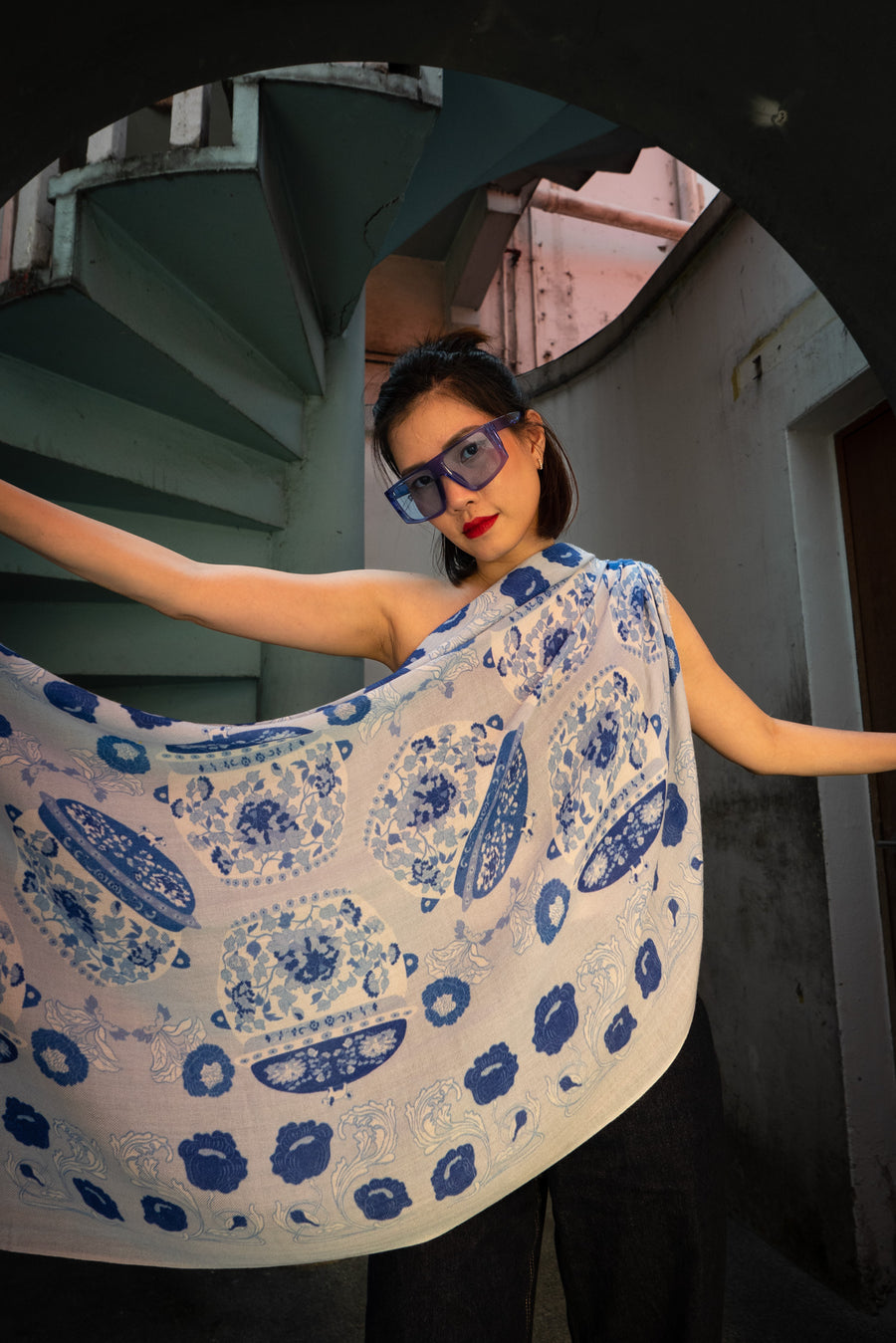 Premium Silk Cashmere Shawl - Blue Peranakan