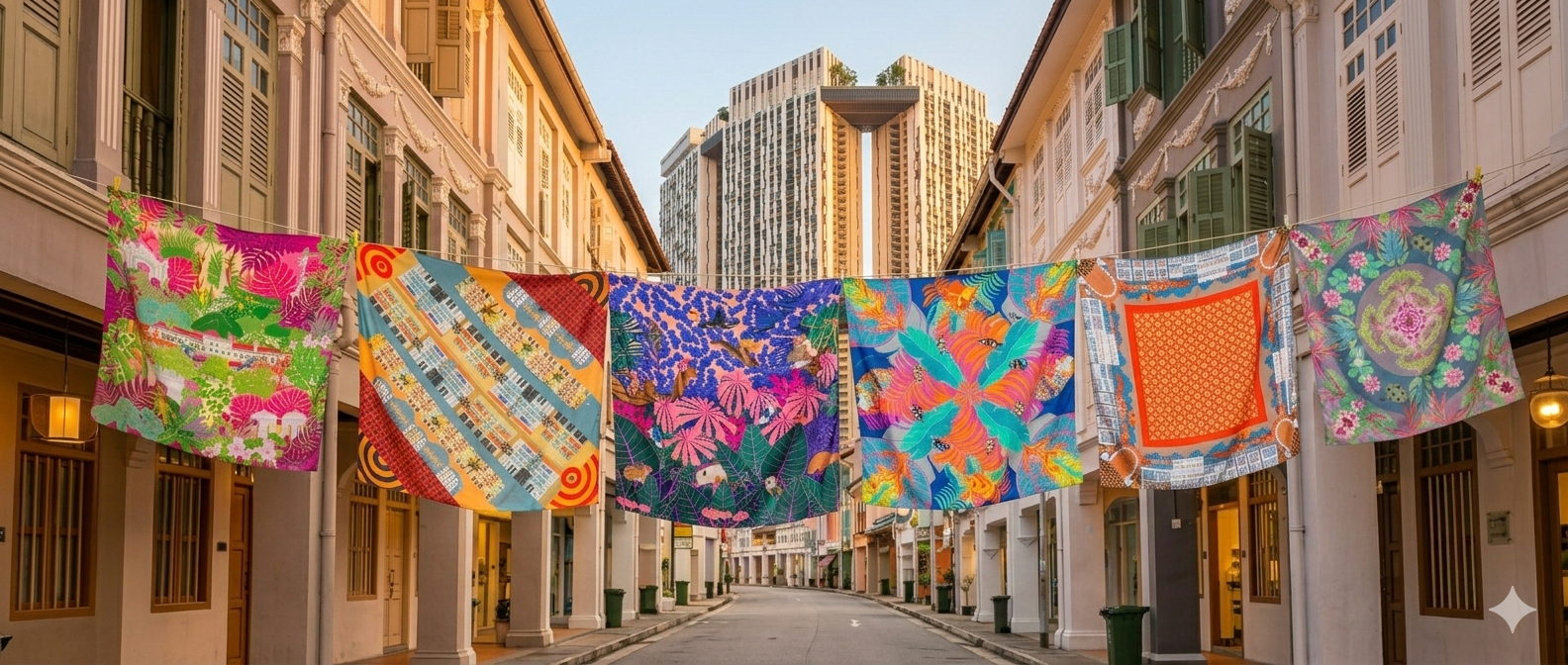 Vibrant designer scarves hanging across a historic shophouse street in Keong Saik, Singapore — authentic local design destination