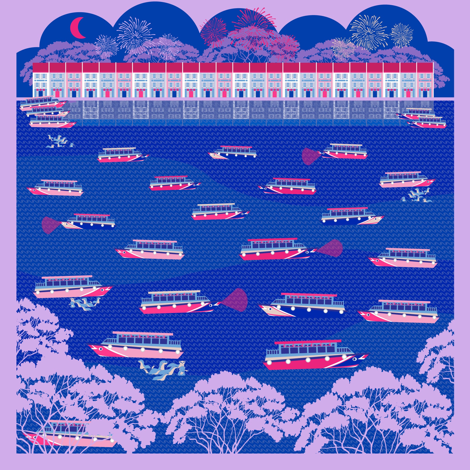 Night at the Singapore Quay Neckerchief Silk