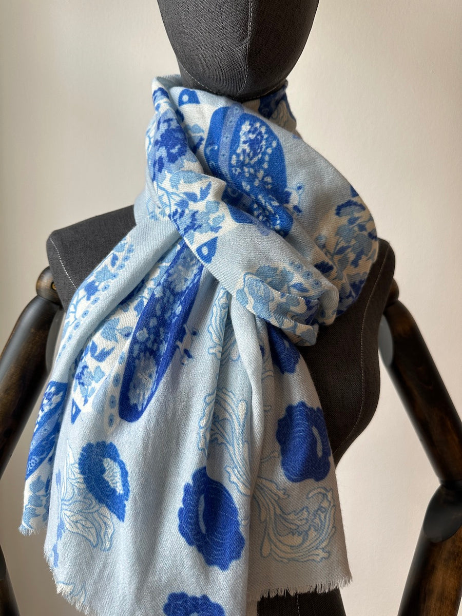 Premium Silk Cashmere Shawl - Blue Peranakan