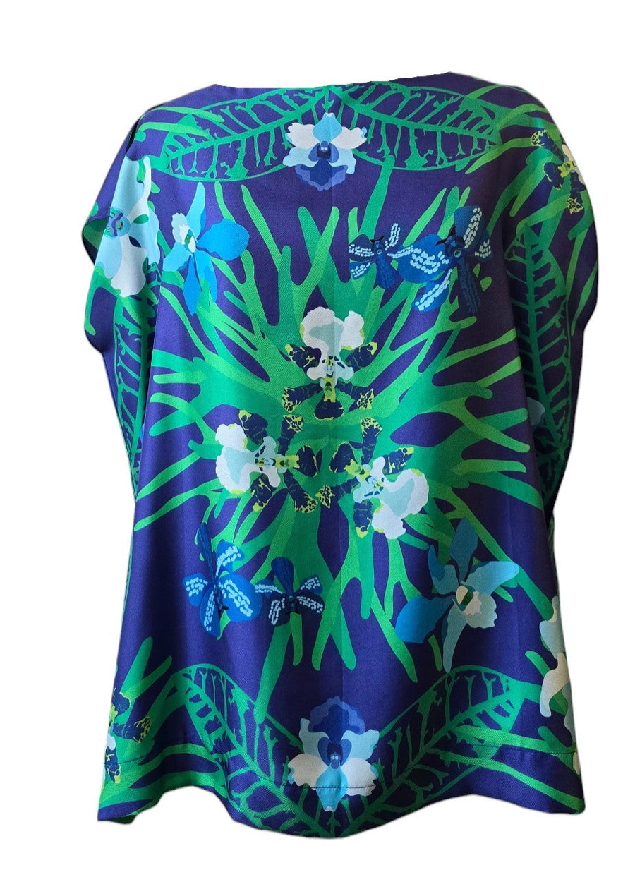 Boxy Silk Blouse - Blue Orchid Garden