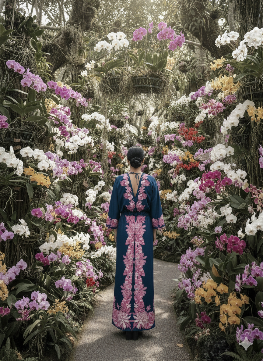 Madame Wong Dress - Orchid Party Navy- Long