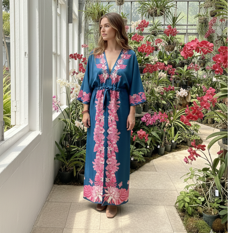 Madame Wong Dress - Orchid Party Navy- Long