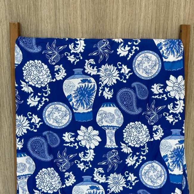 Chinoiserie Blue on White Cotton Fabric