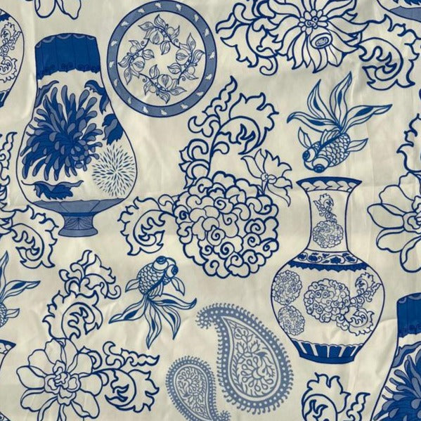 Chinoiserie White on Blue Cotton Fabric