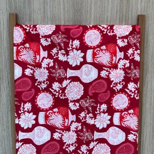 Chinoiserie Red on White Cotton Fabric