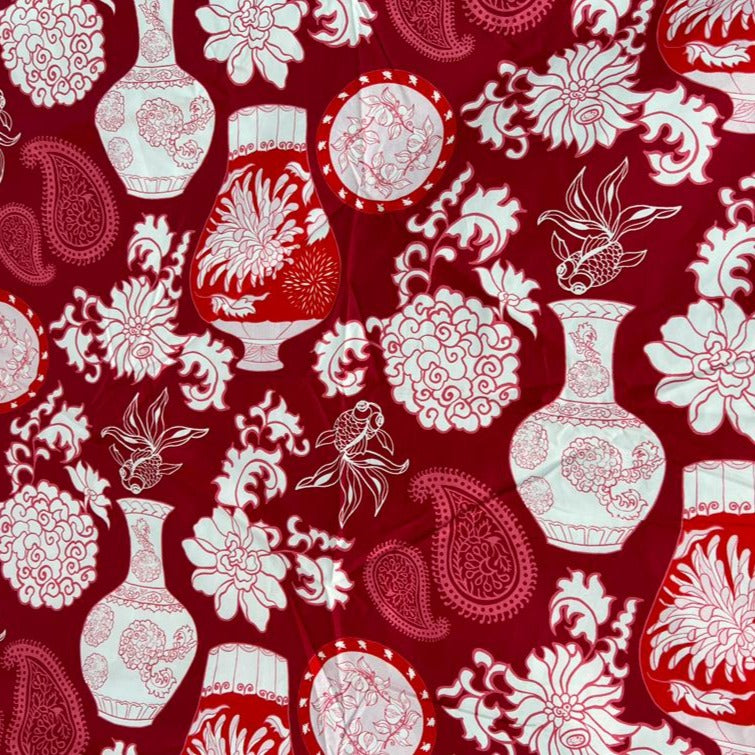 Chinoiserie Red on White Cotton Fabric