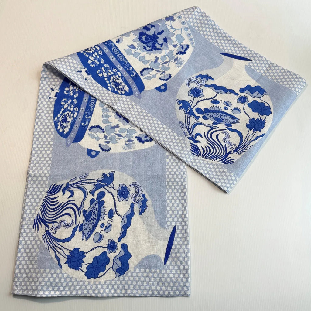 Linen Table Runner Peranakan Blue Vases