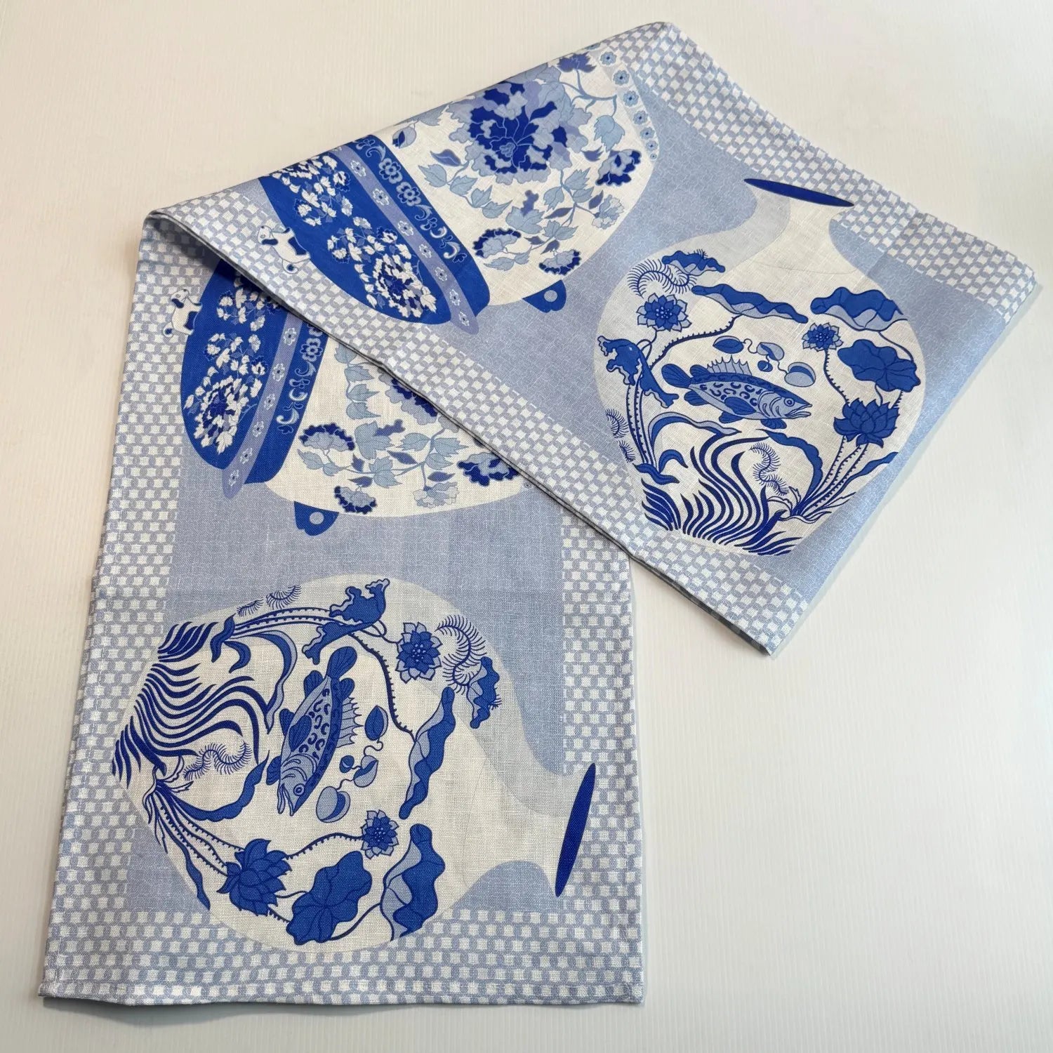 Linen Table Runner Peranakan Blue Vases