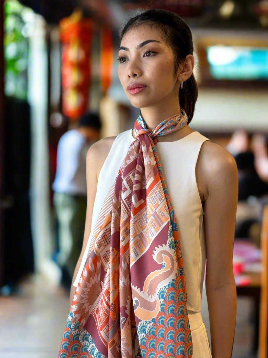 model wearing a silk scarf inspired by Keong Saik Road in Singapore.