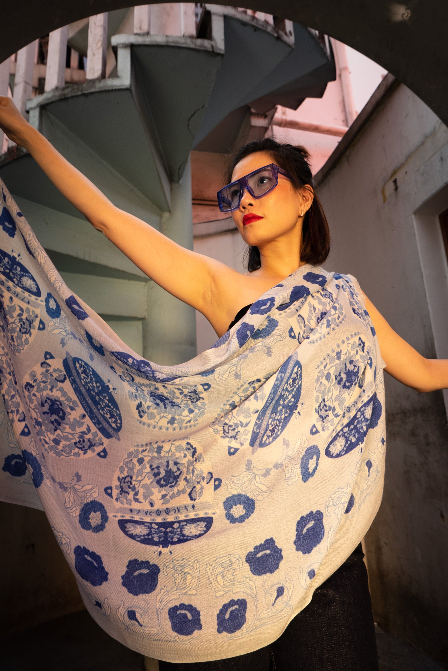 Blue Peranakan Premium Cashmere Shawl