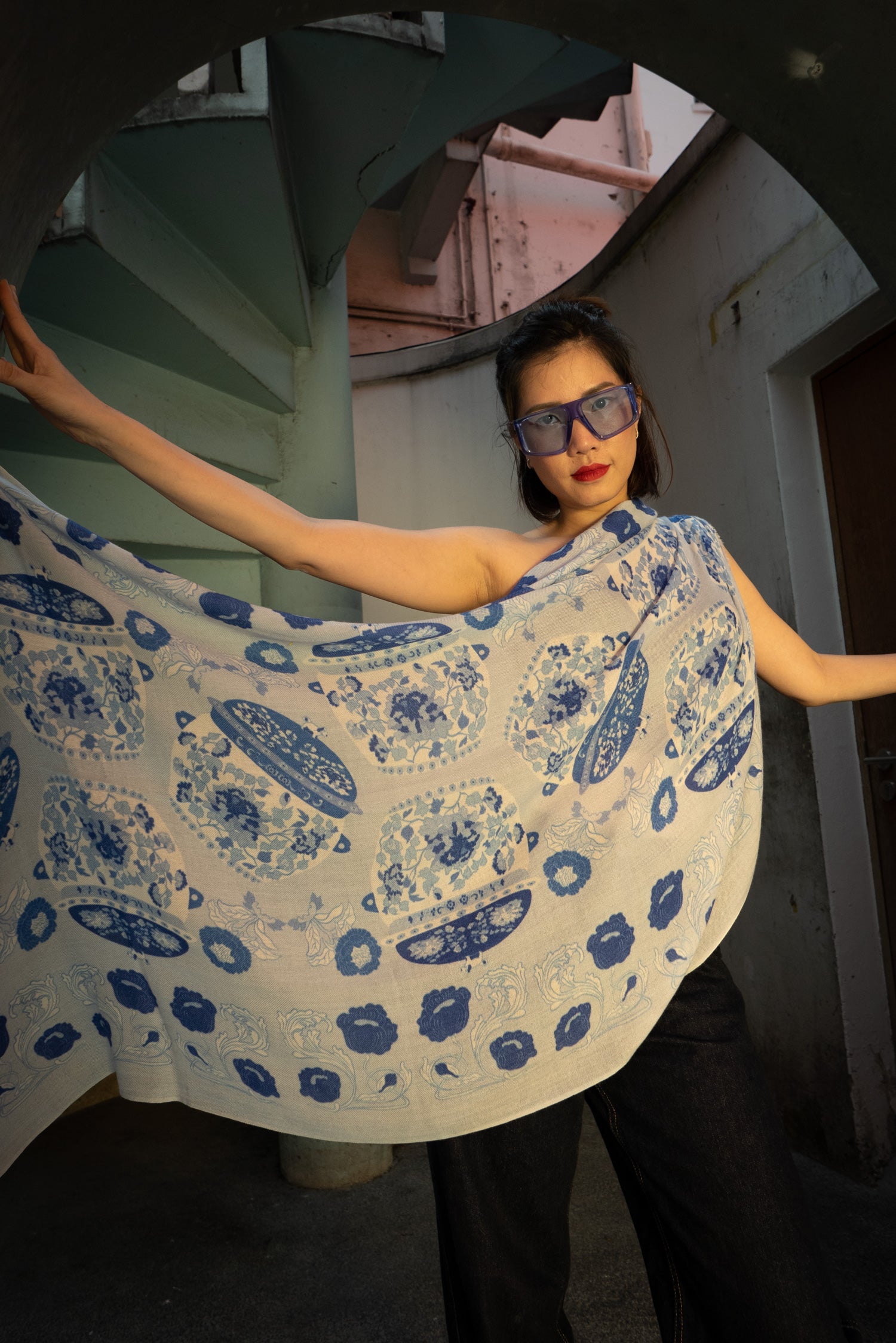 Blue Peranakan Premium Cashmere Shawl