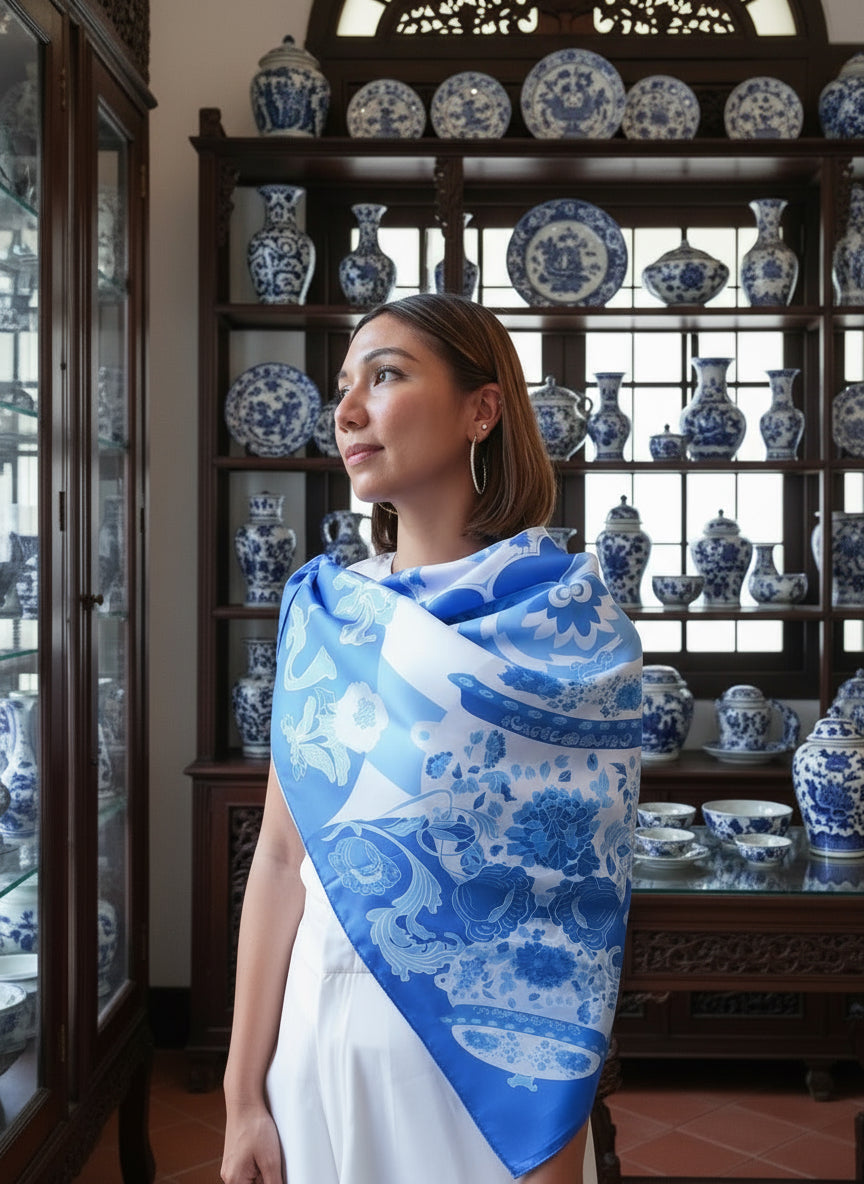 Peranakan Bricolage in Blue Premium Silk Scarf