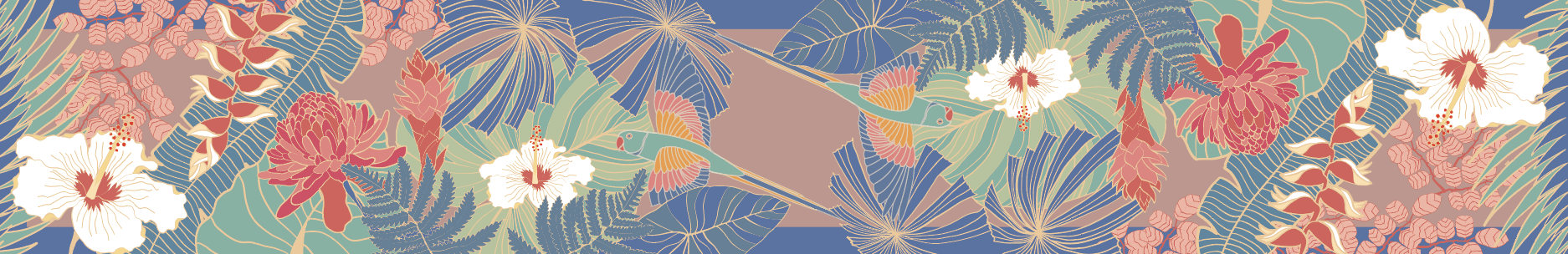 Table runner with floral pattern with various flowers and leaves on a blue background