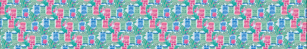 Table runner with pattern of colorful shophouses with leaves on a green background