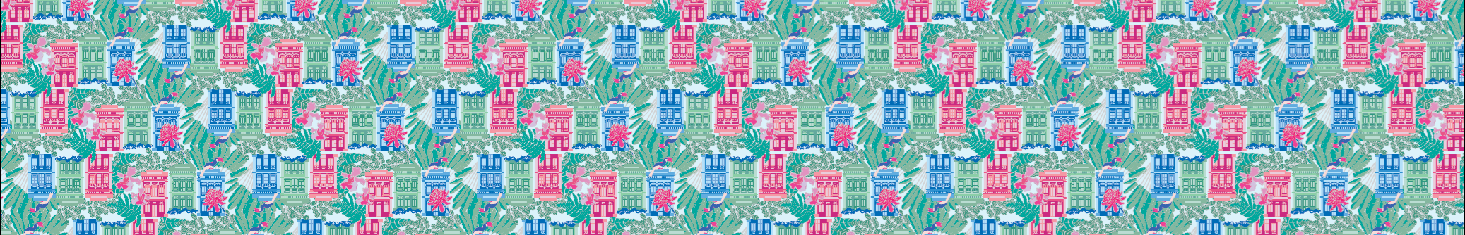 Table runner with pattern of colorful shophouses with leaves on a green background
