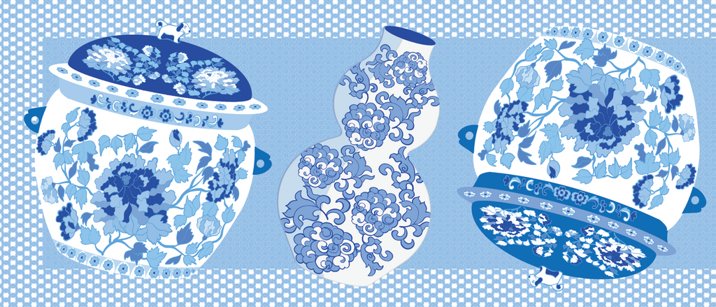 Linen Table Runner Peranakan Blue Vases