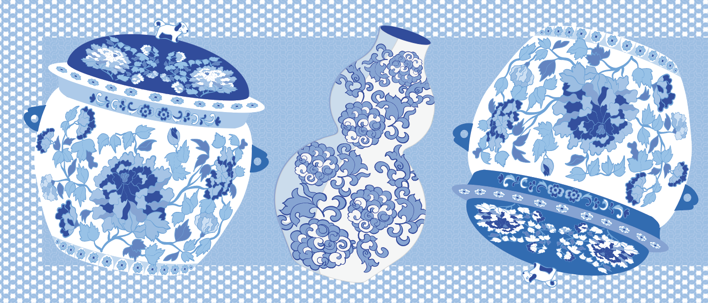 Linen Table Runner Peranakan Blue Vases