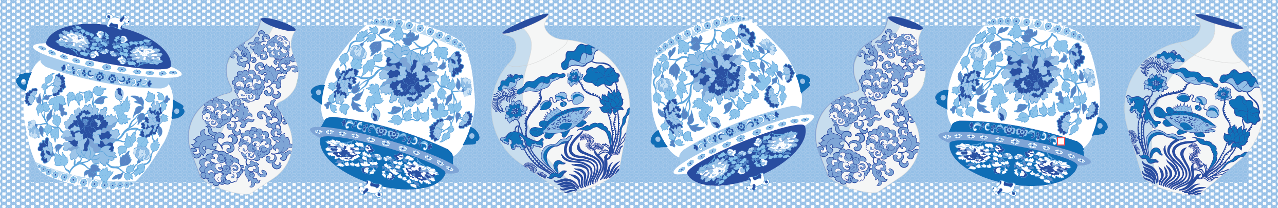 Table runner with decorative blue and white ceramic vases on a matching patterned background