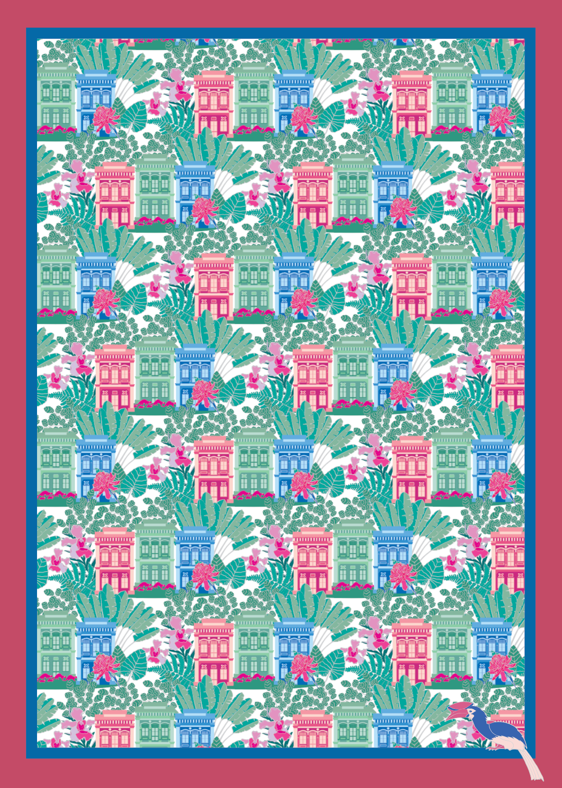 Tea towel with atterned design with colorful buildings and plants on a white background