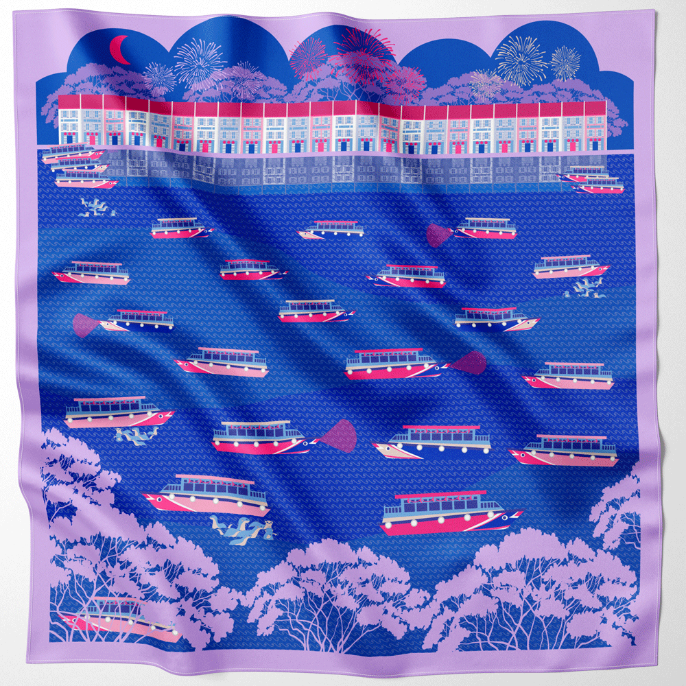 Night at the Singapore Quay Neckerchief Silk