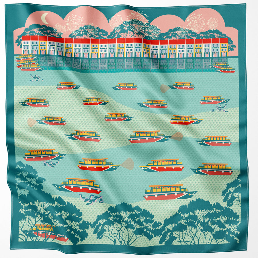 Night at the Singapore Quay Silk Scarf