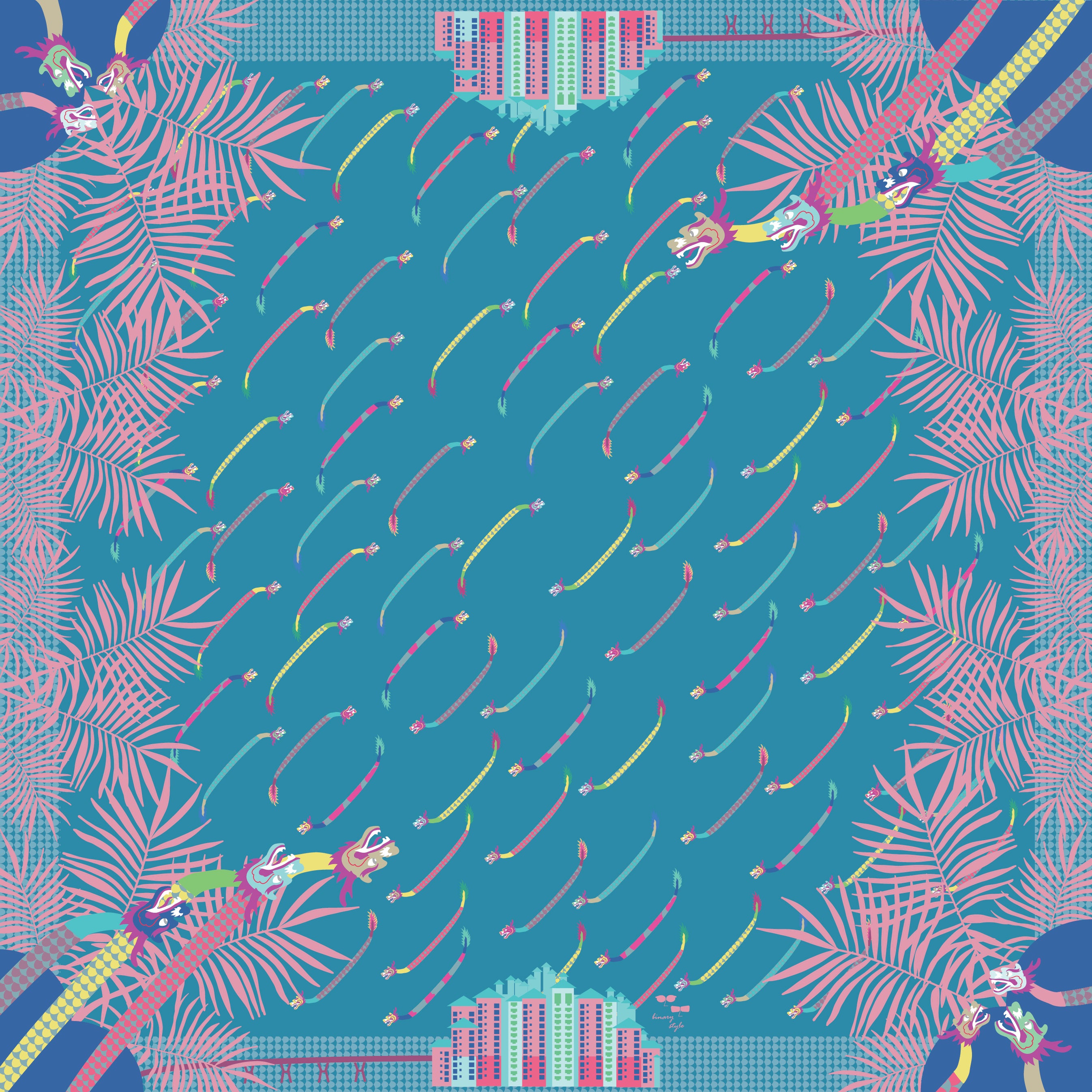 Dragons on Singapore Water Silk Scarf