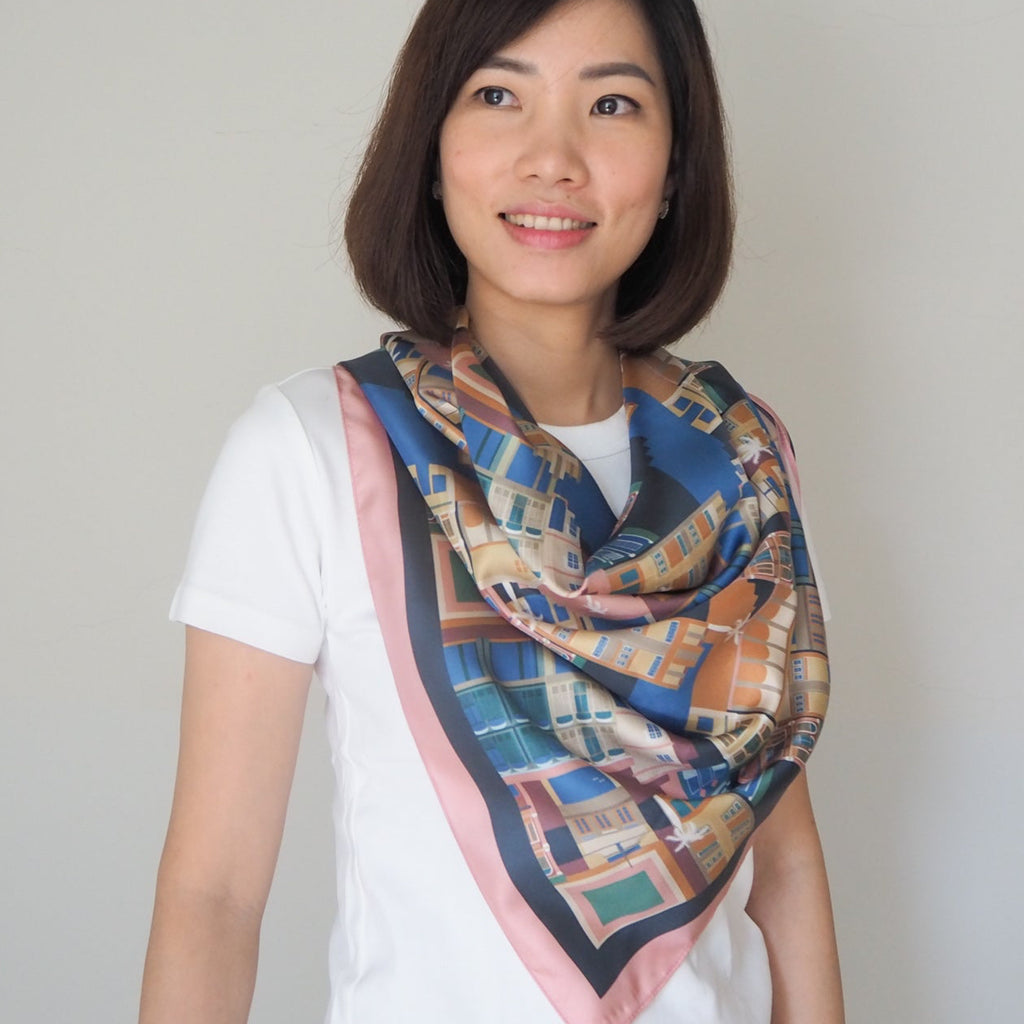 Singapore shophouses-inspired silk scarf for souvenirs and gifts.