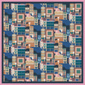 A silk scarf featuring a pattern inspired by Singapore's shophouses, with a colorful and detailed architectural design.